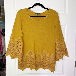 Adrianna Papell Mustard 100% Cotton Gauzy Fairy Top with Lace Detail Women’s M